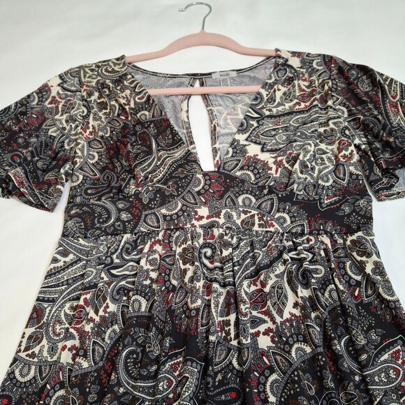 Eoote Grey Pailsley Empire Fit n Flare Mini Dress Size M Stretch Flutter Sleeves - Picture 5 of 16